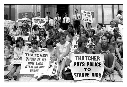 Postcard of women and children demonstrating against £15 being deducted from striking miners’ benefit in lieu of strike pay, which was not being paid, outside the  Welsh Office in Cardiff on 30th July 1984