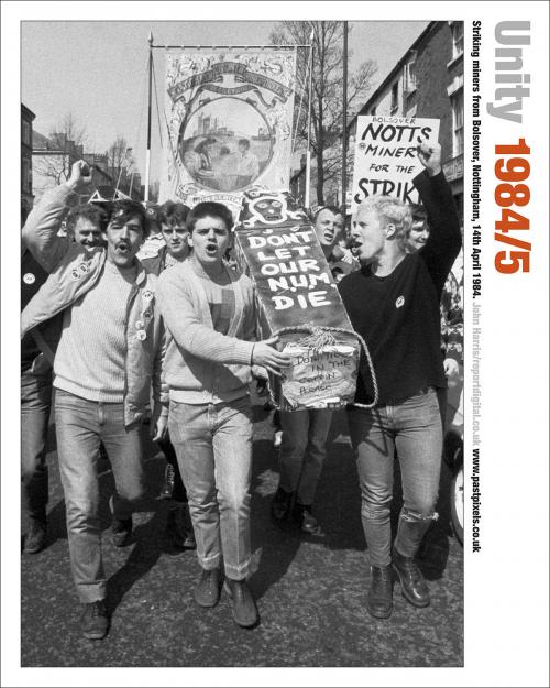 Poster of striking miners from Bolsover, Nottinghamshire, on a march on 14th April 1984