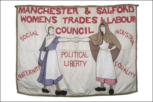 Postcard of the banner of the Manchester and salford Womens Trades and Labour Council.