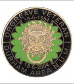 Greetings card of the enamel badge about the Orgreave veterans from the Durham Area of the NUM.